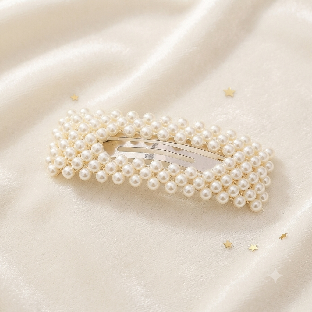 Barrette Rectangulaire Perles Blanches