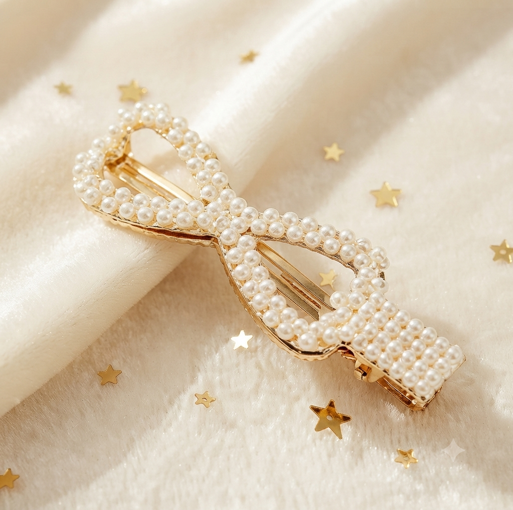 Gold Bow Hair Clip with Pearly Beads