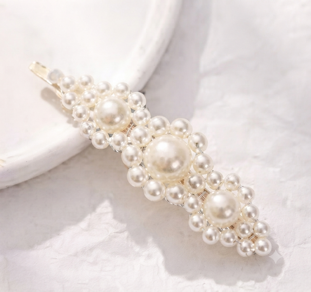Barrette Fleurs Perles Blanches