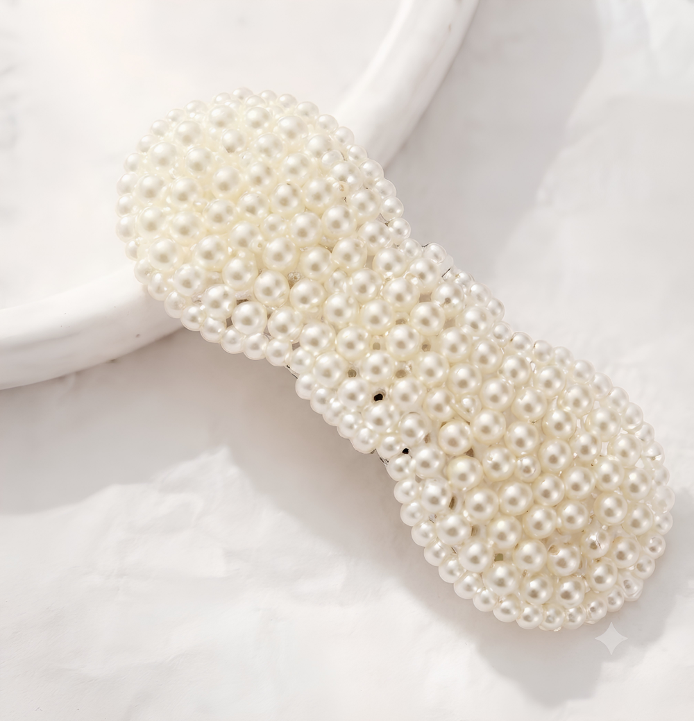 Barrette Nœud Ovale Perles Blanches