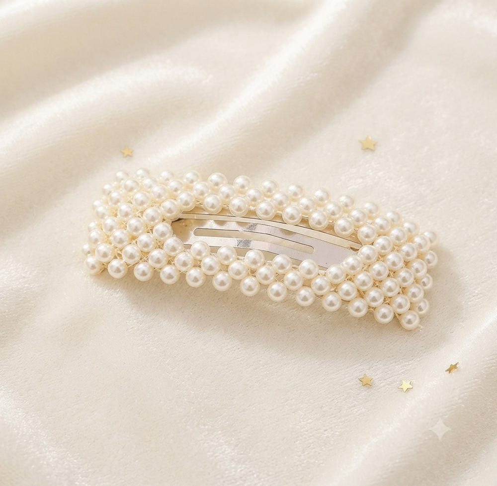 Barrette Rectangulaire Perles Blanches