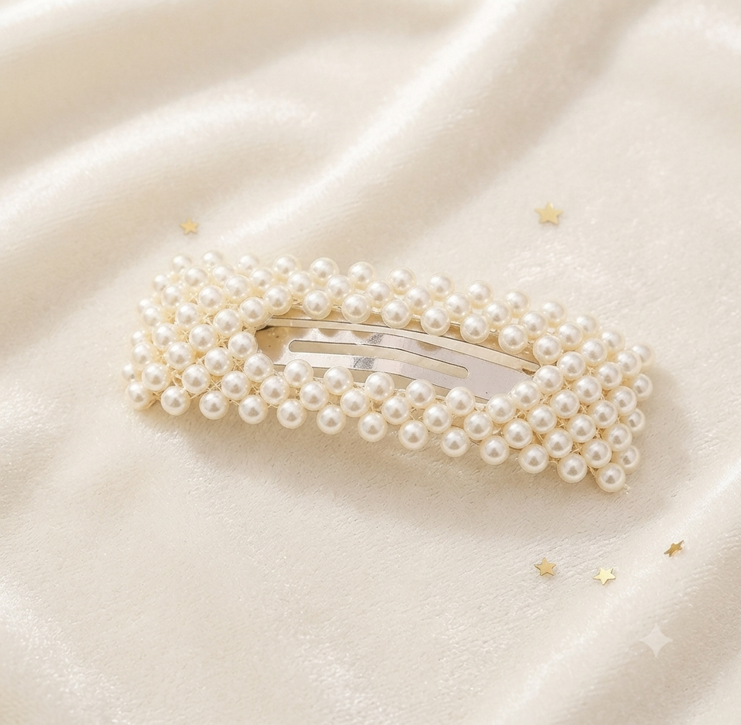 Barrette Rectangulaire Perles Blanches